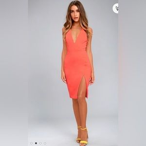 Lulu’s Aglow Neon Coral Bodycon V-Neckline Fitted Cutout Back Midi Dress